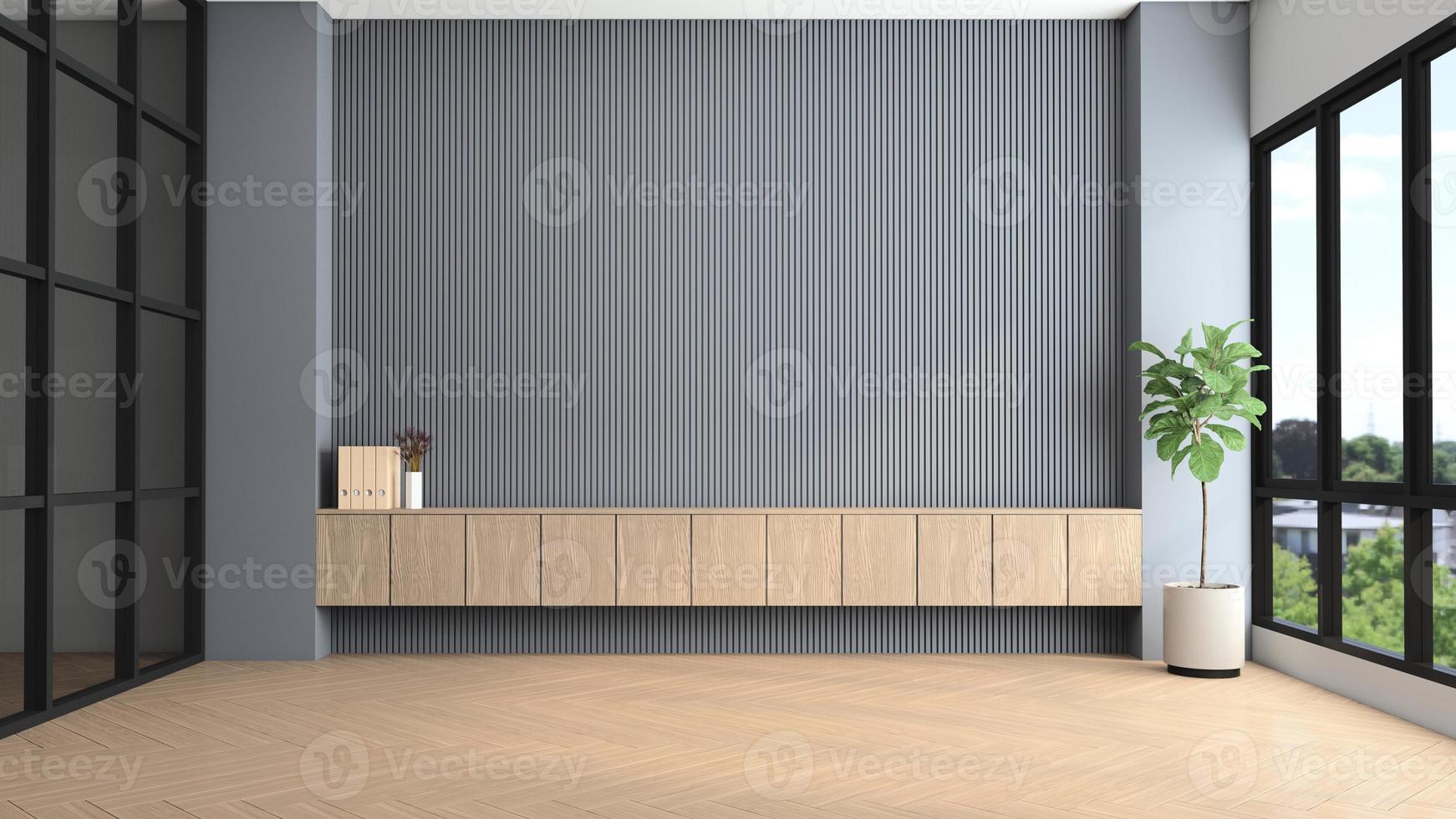 Modern empty room with gray slat wall and built-in wooden cabinet. 3d rendering photo
