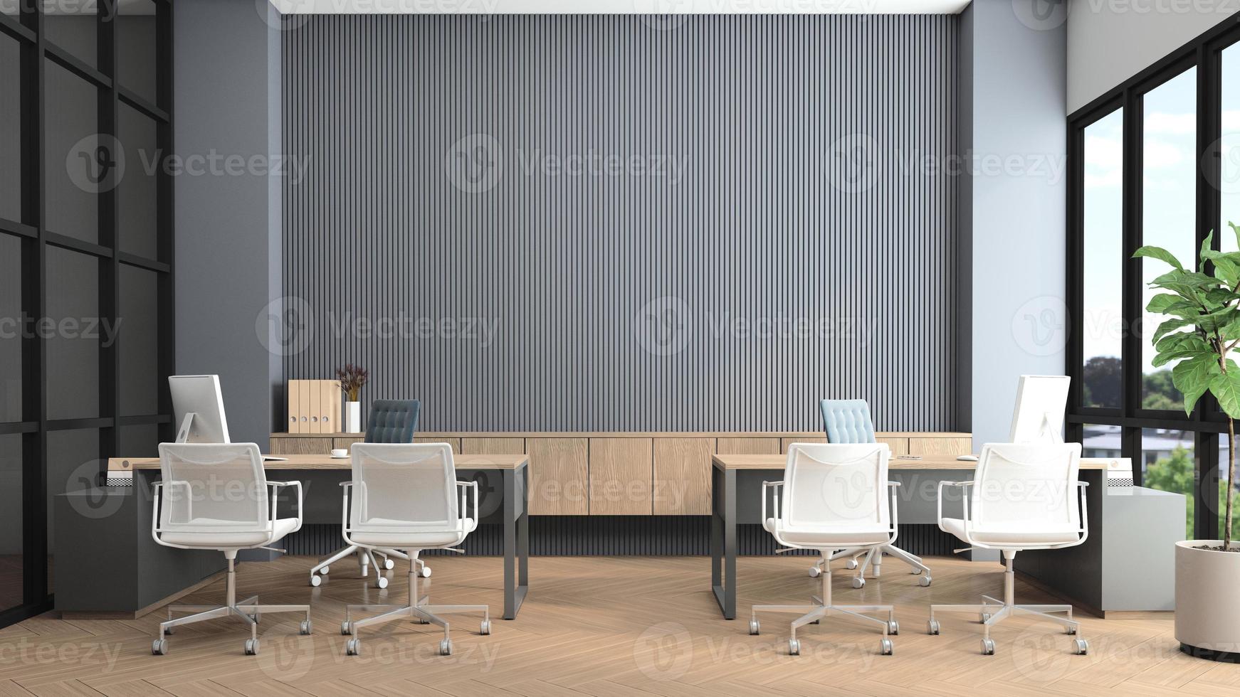 Modern office room with desk and computer, gray slat wall and built-in wooden cabinet. 3d rendering photo