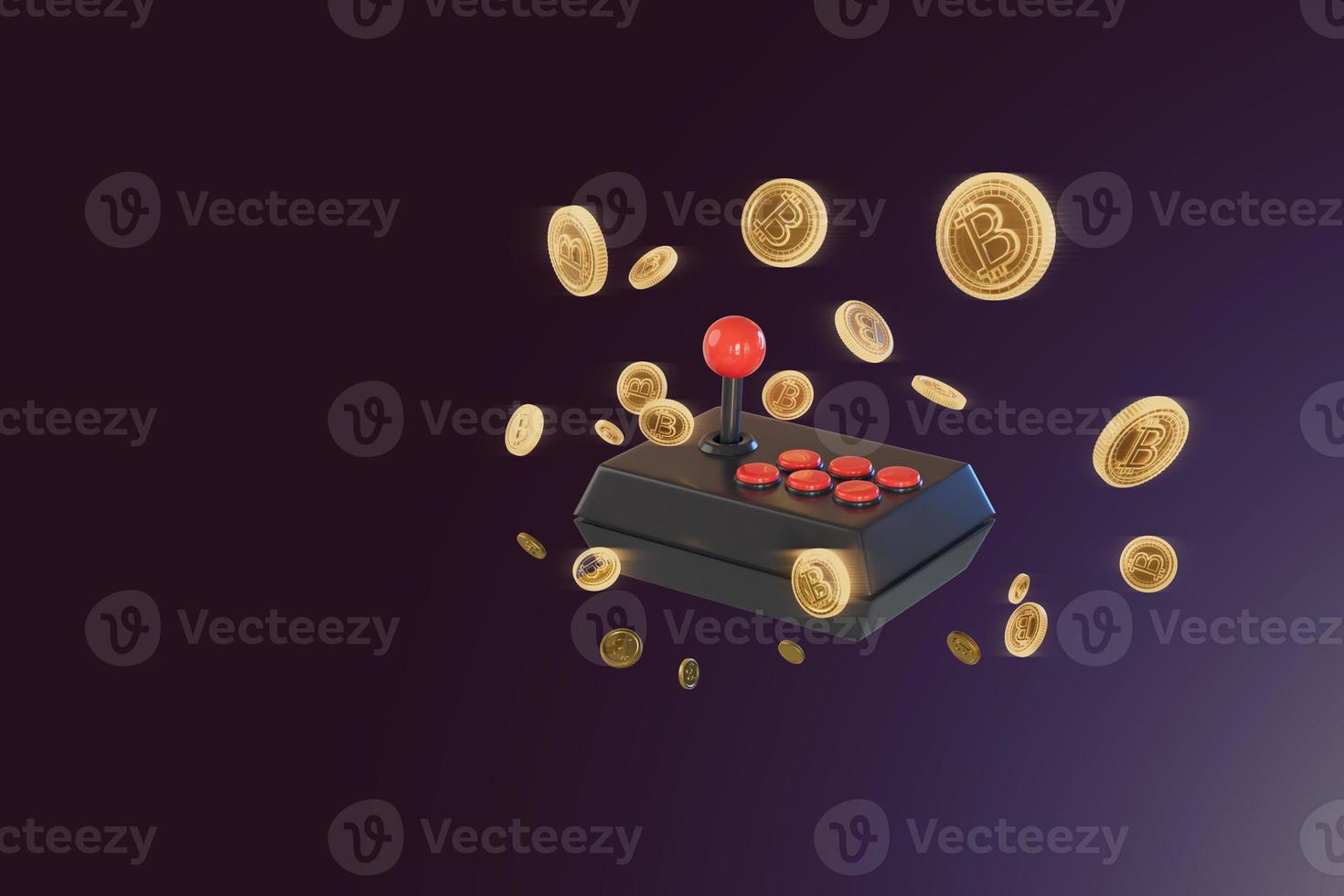 Game controller. Play to earn in metaverse and Crypto coins float in the air. 3D Render illustration photo