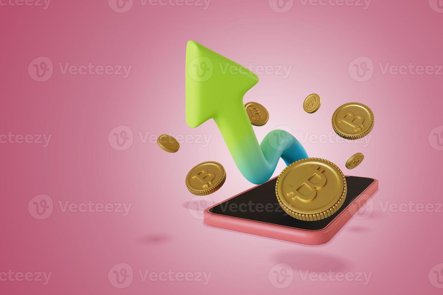smartphone and profits up Along with receiving crypto coins. 3D Render illustration photo