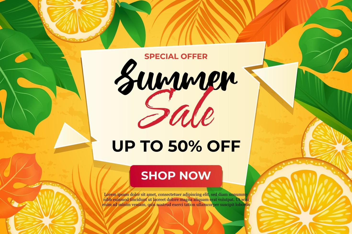 Summer sale template design with tropical leaves. vector