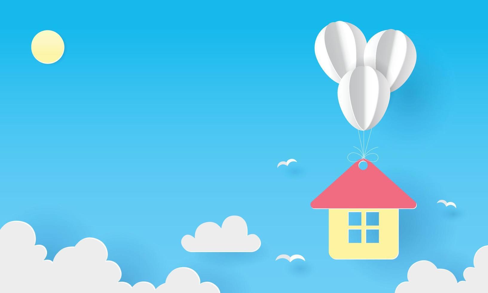 Paper art of house hanging with colorful balloon. vector