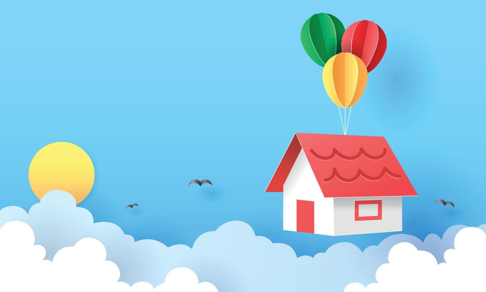 Paper art of house hanging with colorful balloon. vector