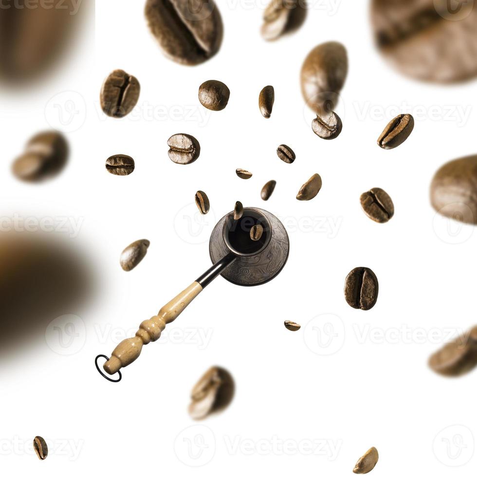 Turka and coffee beans in flight on white background photo