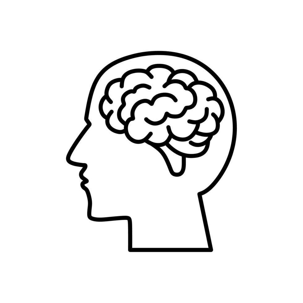 Human Brain in Head. Vector Outline Icon with Editable Strokes isolated on white background