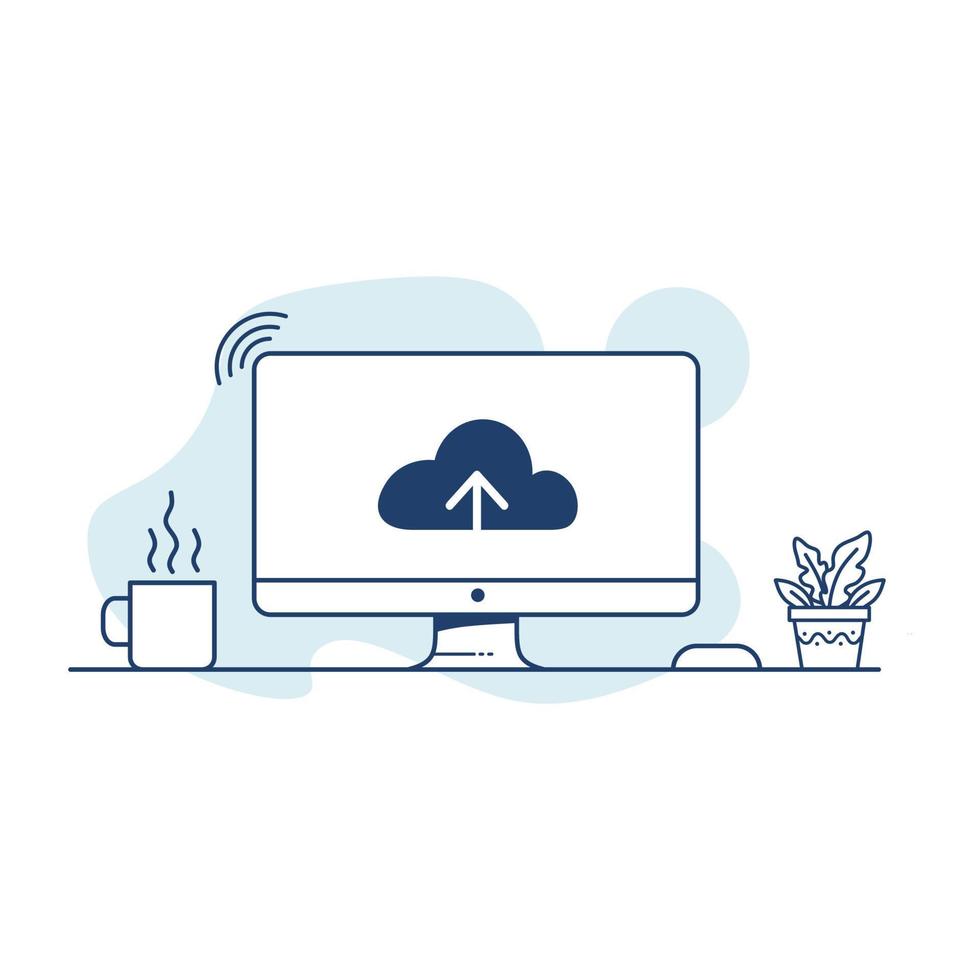 Cloud upload icon on computer screen. Vector illustration in line art style
