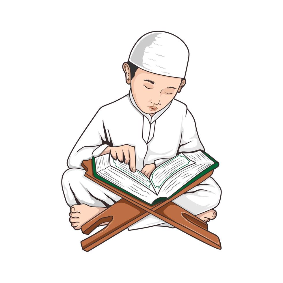 dibujos animados de hombre musulmán leyendo al-qur'an aislado en diseño de vector plano. diseño de personajes ramadan kareem y eid mubarak. ilustración de vector de cartel, tarjeta de felicitación, pancarta, volante.