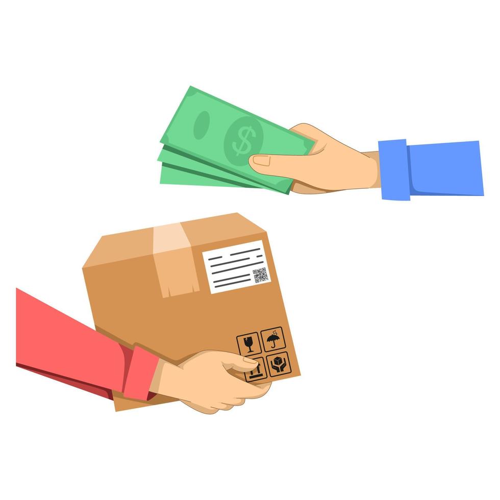 Payment by cash for express delivery. Flat illustration how people deliver package and pay for the delivery by cash. Human hand holds money and pay for the package. Courier get payment for it vector