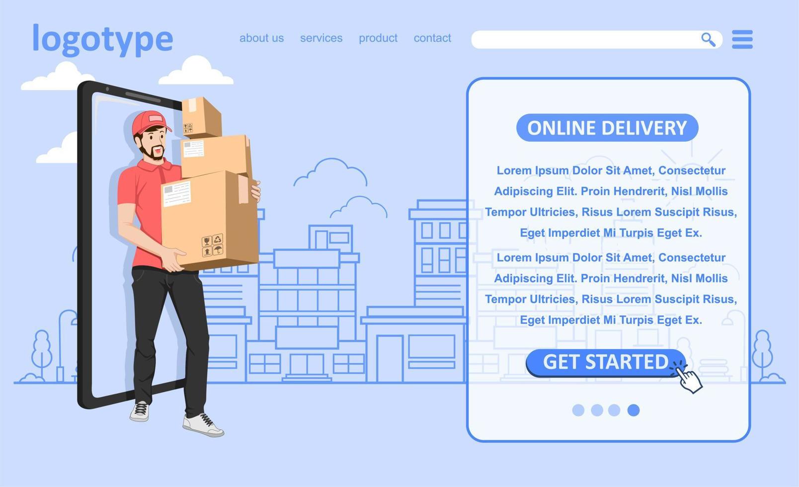 Online Delivery Service Web Banner Template. Courier Delivering Parcel Box. Smartphone with Mobile App for Delivery Tracking. Smart Logistic Concept. Flat Vector Illustration.