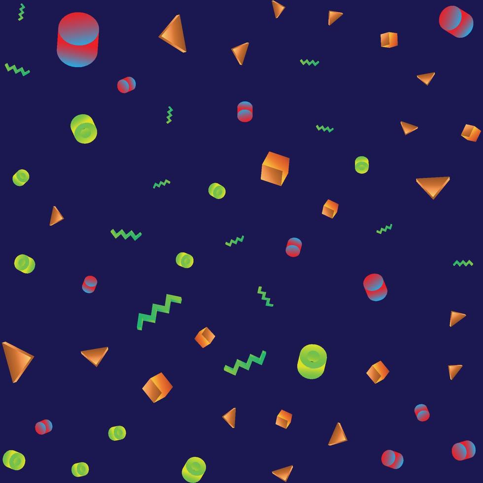 80s Memphis Style Pattern with Colourful 3D Shapes with dark blue background vector