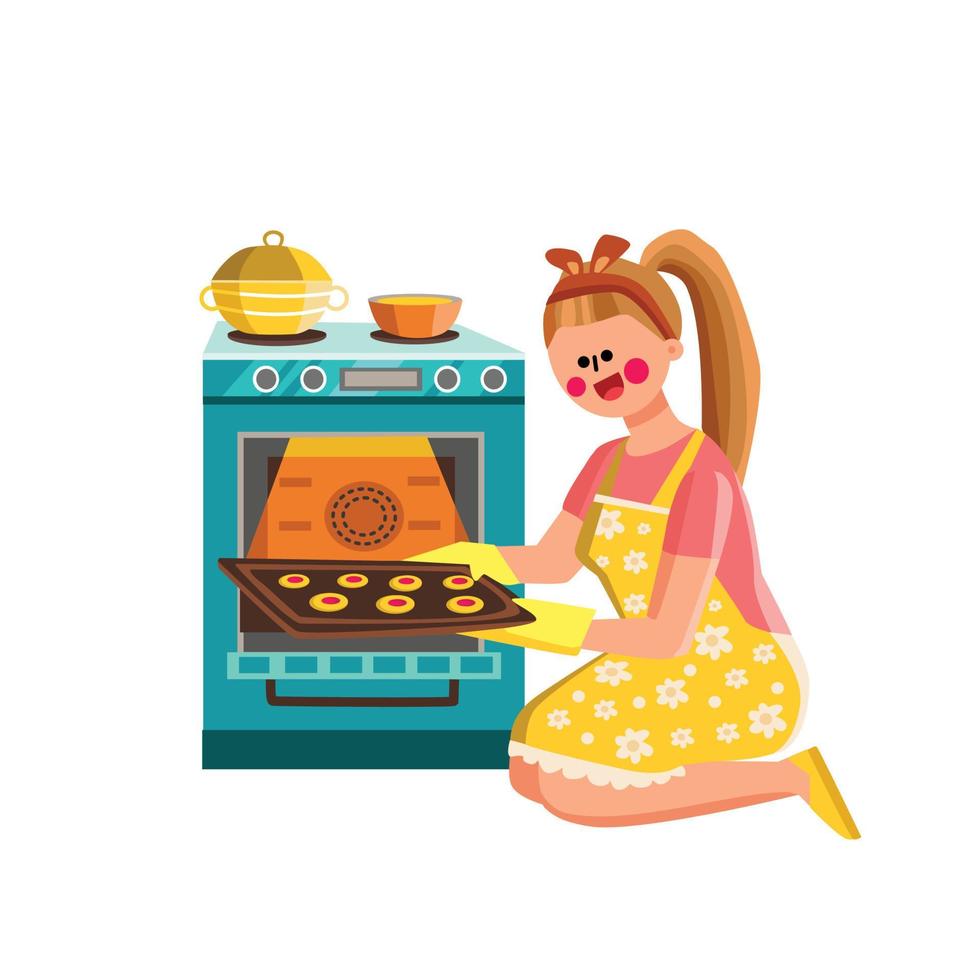 mujer panadera horneando galletas en vector de horno de cocina