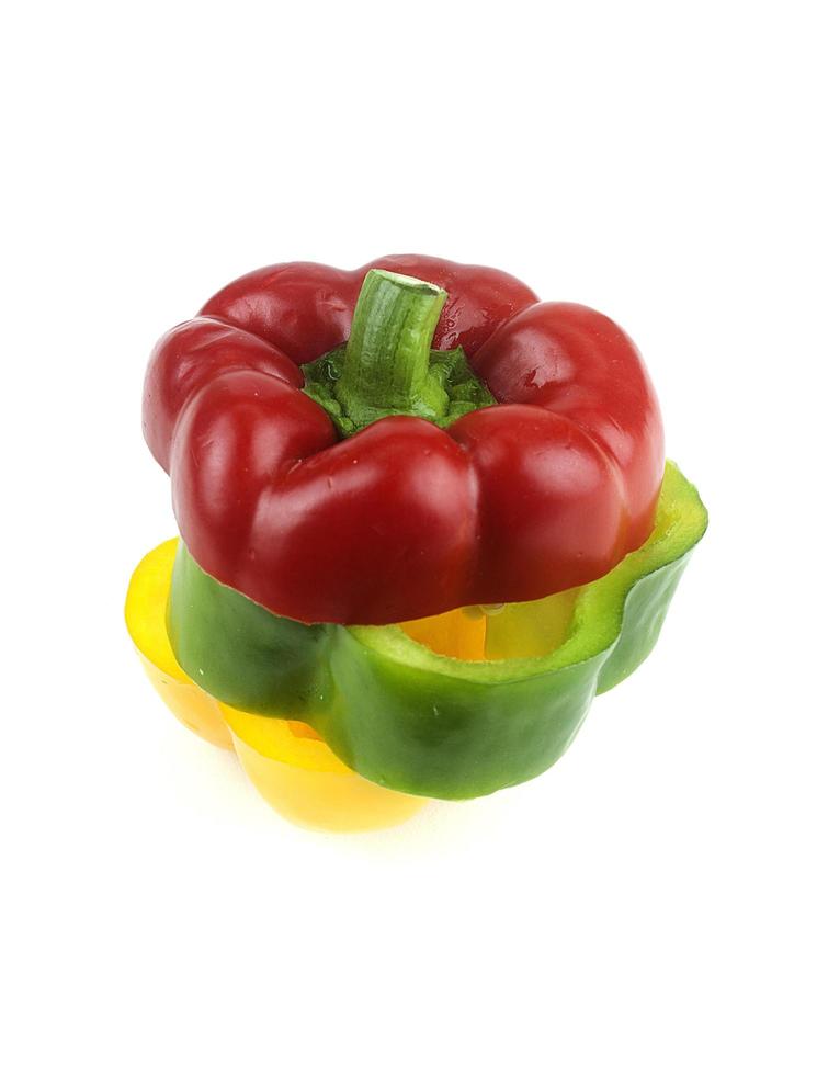 three Bell pepper Red yellow and green fresh delicious isolated on white background photo