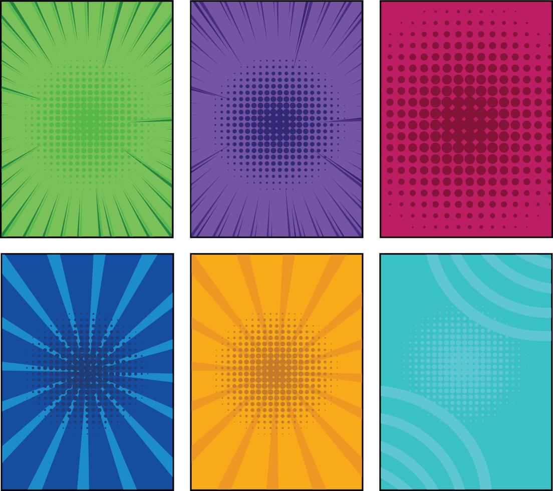 Set of six comic book pages backgrounds in pop art style with empty space. Template with rays, dots and halftone effect texture. Vector illustration