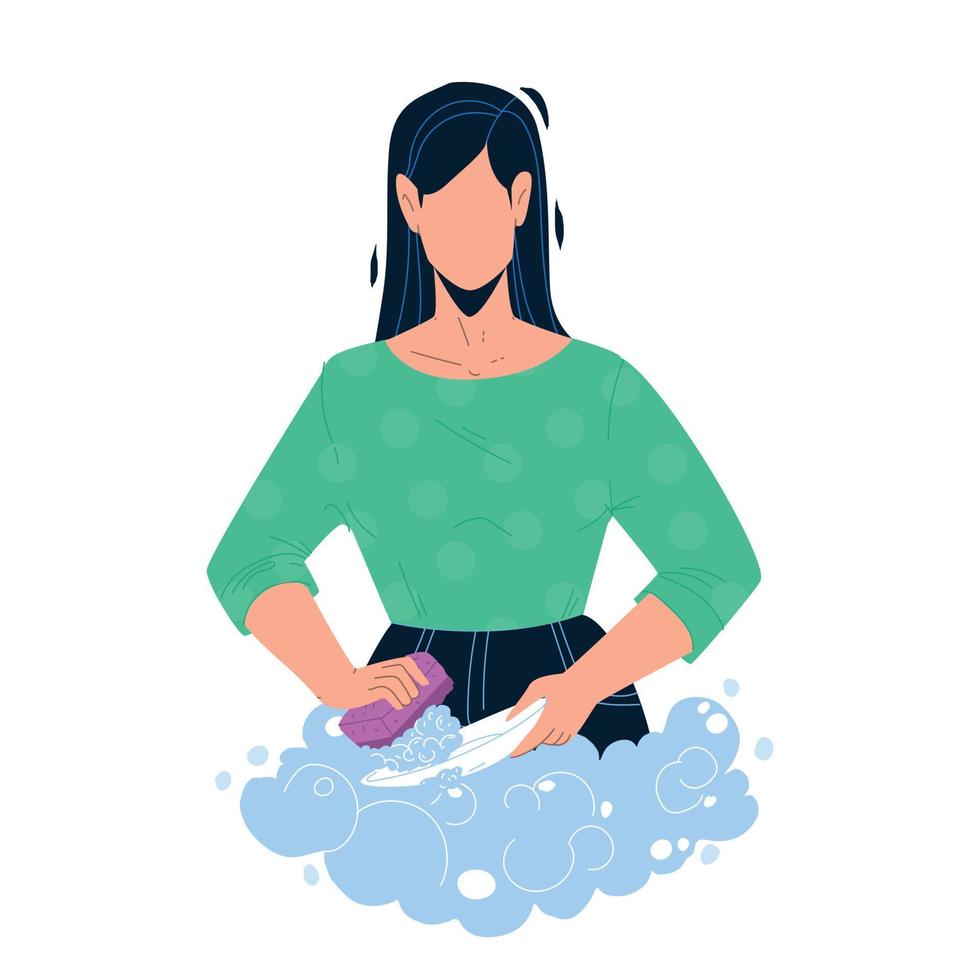 Washing Dishes With Soap In Kitchen Sink Vector