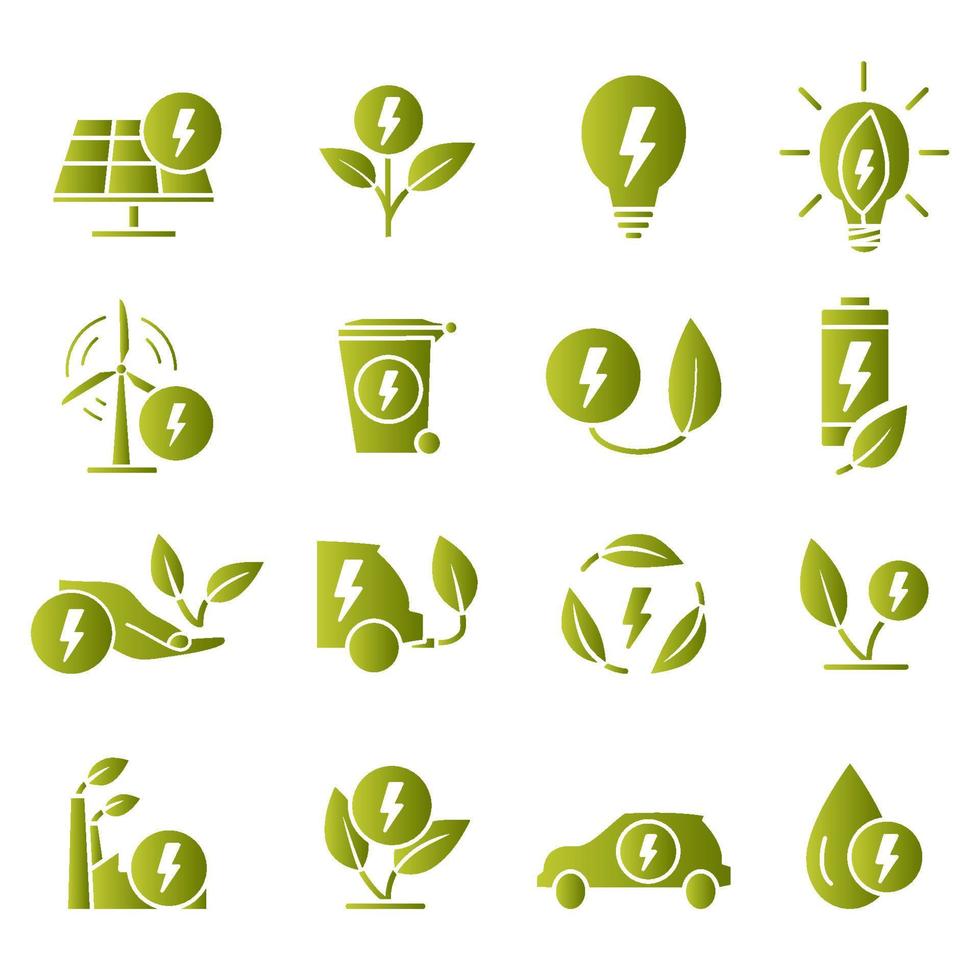 Green ecology symbols. Eco friendly related icons. Solar, wind, water and other clean energy. Green technology and environment icons vector