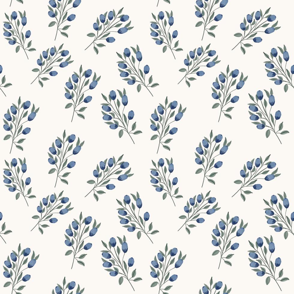 Hand drawn vector floral seamless pattern with branches, leaves and blueberries on a white background. A cute simple decoration with plants and purple berries.