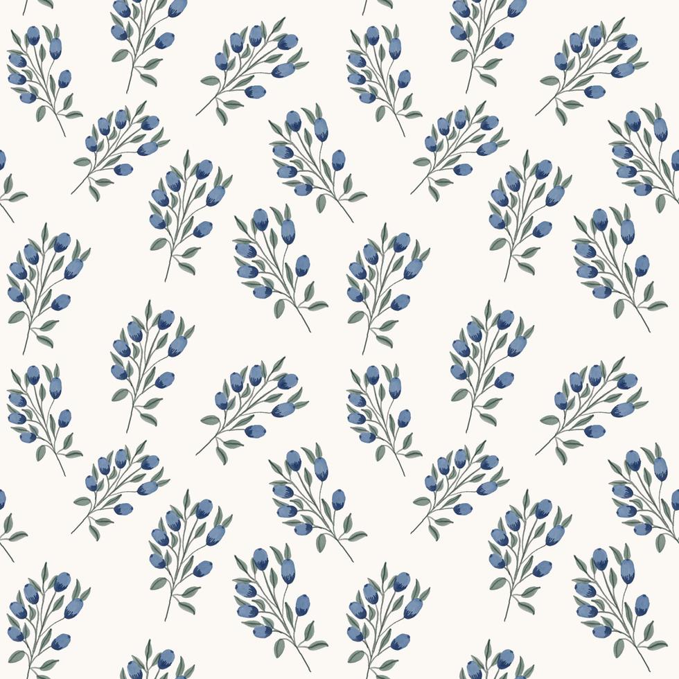 Hand drawn vector floral seamless pattern with branches, leaves and blueberries on a white background. A cute simple decoration with plants and purple berries.