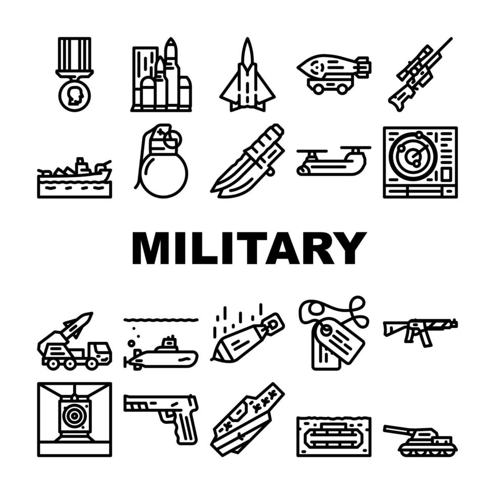 conjunto de iconos de armas y transporte militares vector