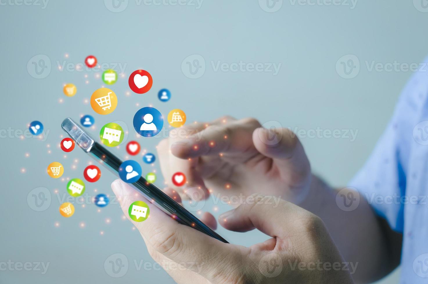 Social media technology concept, man hand using smartphone Login to the online network Use social media to do business and marketing payment from home through the Internet. photo