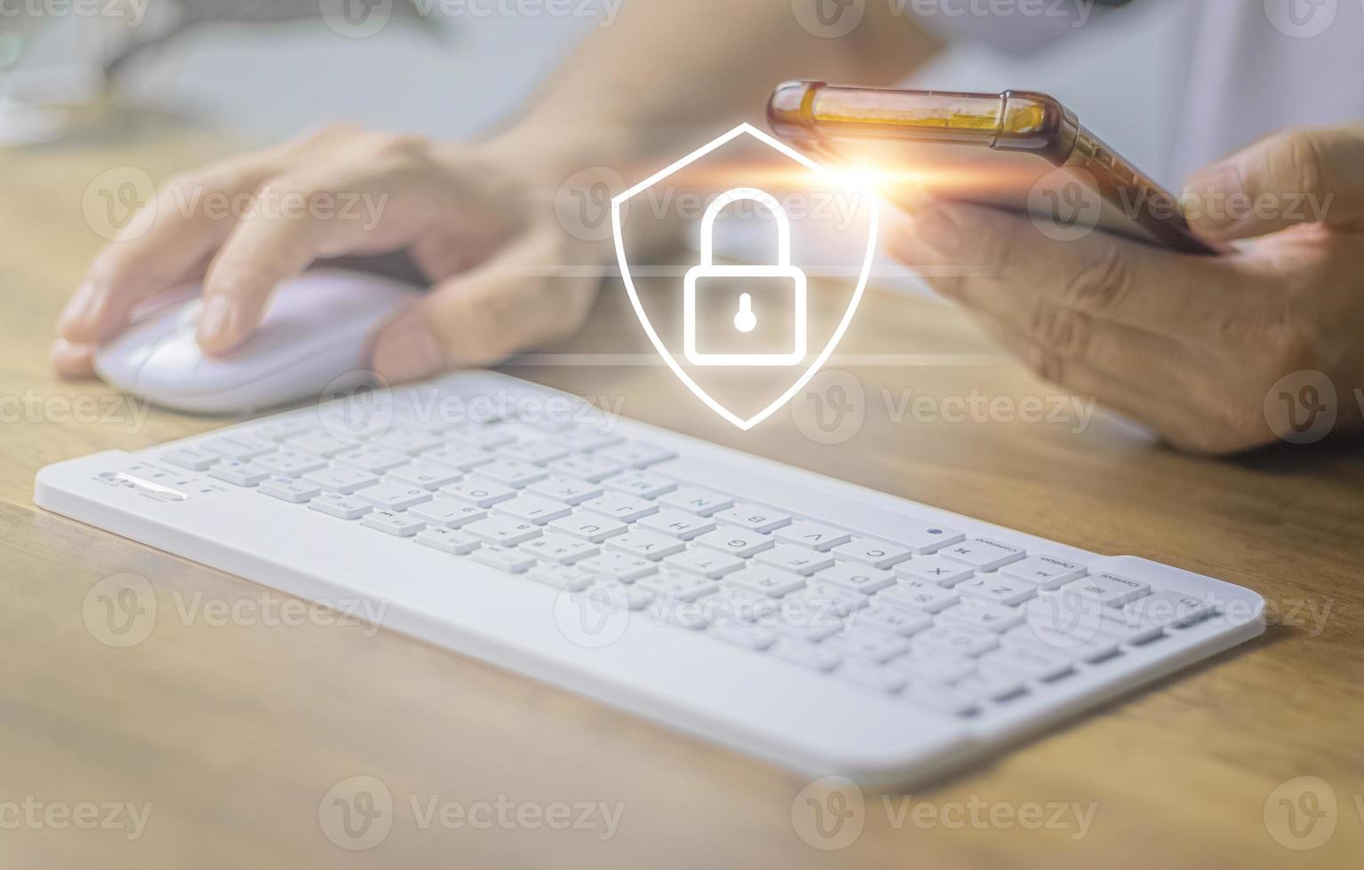 cyber security concept, man's hand using a smartphone Log in to applications via fingerprint scanning. It is the security of the information. photo