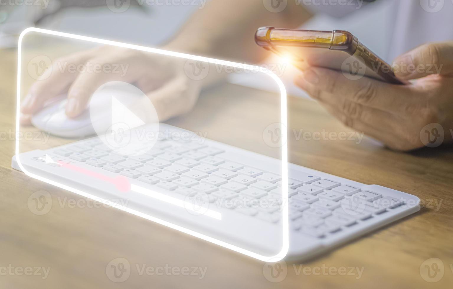 Concept of streaming online. Men's hands showing streaming screen. To represent the use of the Internet online. photo