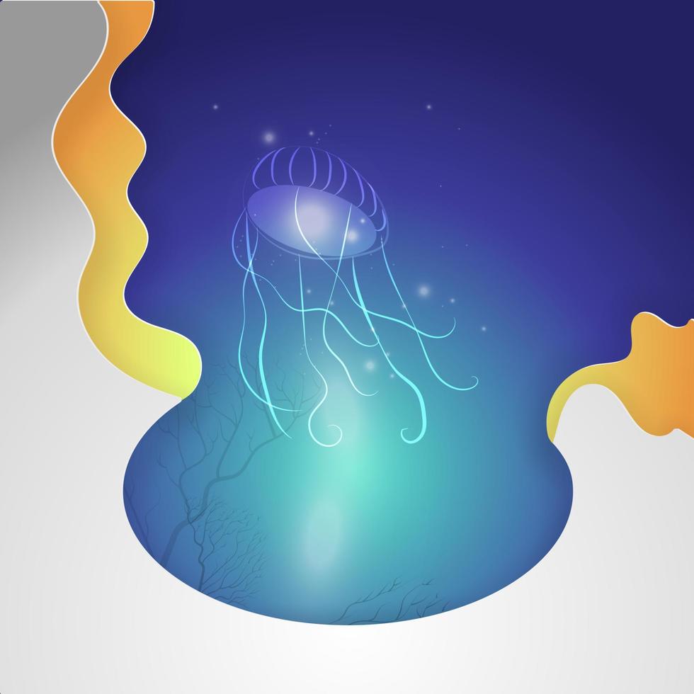 Glowing jellyfish swim under sea paper scene. vector