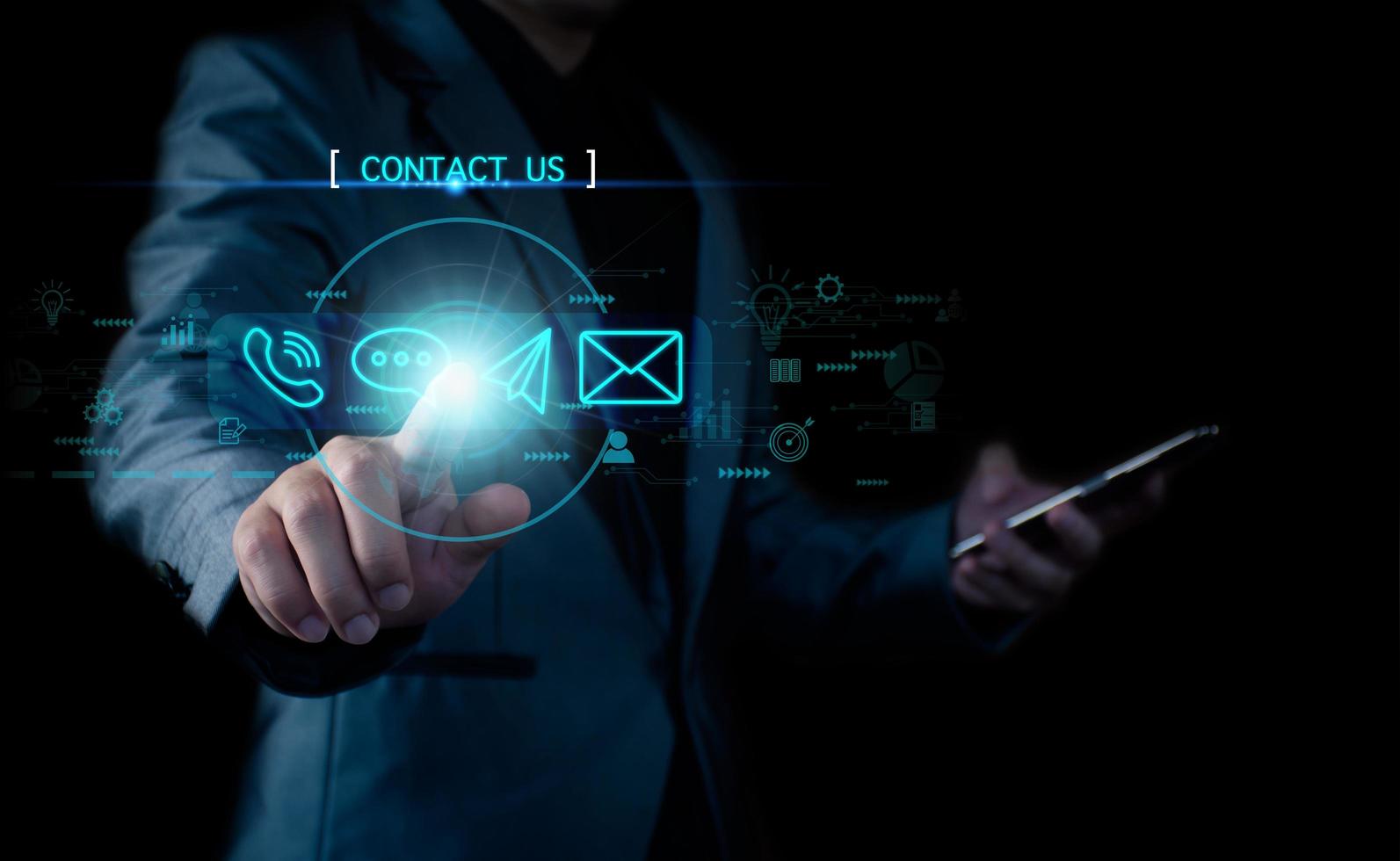 Concept Contact us or connected customer support hotline. businessman touching icon to communicate on a virtual screen,through a digital, global network. photo