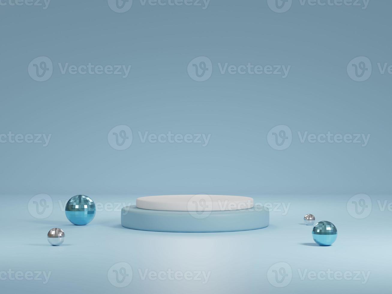 Abstract modern 3D rendering scene with composition empty cylinder podium for product cosmetic and abstract background. Mock up Geometric shape in blue pastel colors and metallic balls. photo