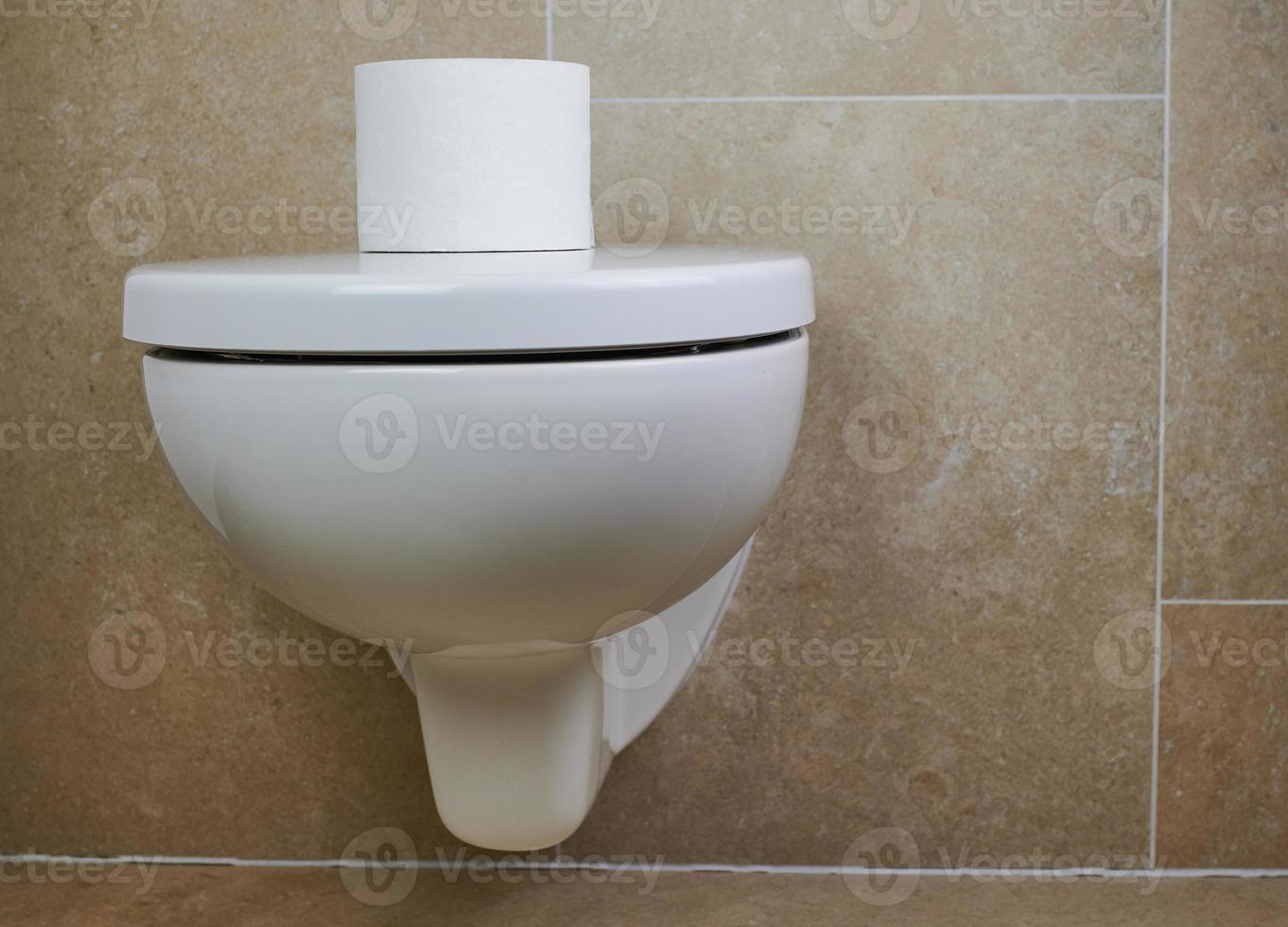 wall-mounted toilet in white color against brown bathroom tiles photo