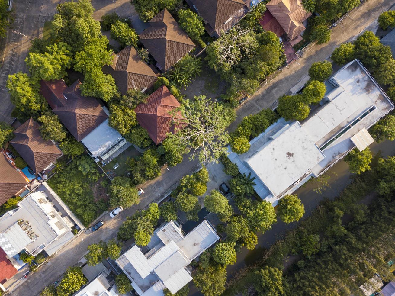 Aerial drone shot of suburb area surrounded by green eco-friendly environment for housing estate project top view photo