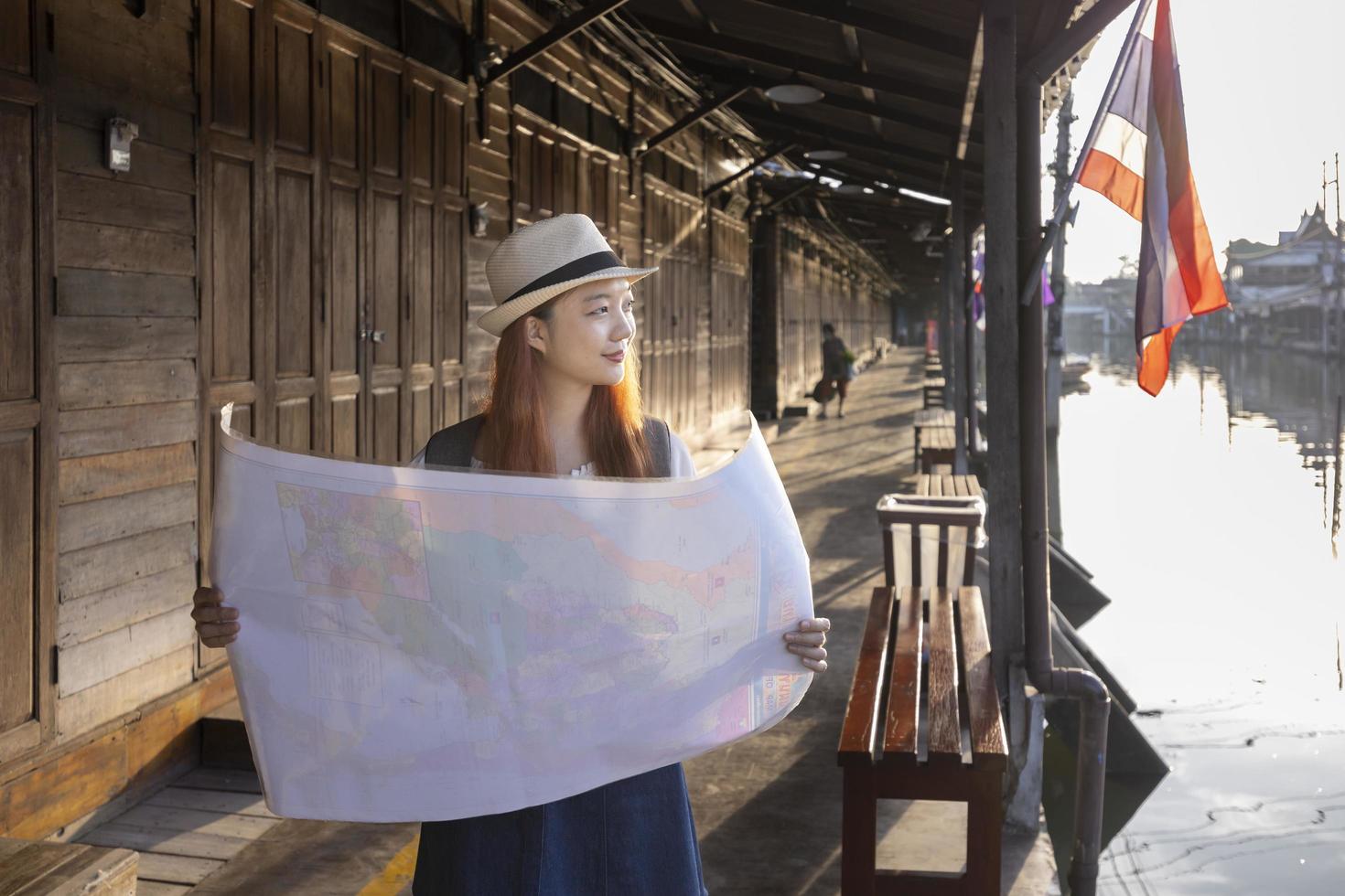 Asian woman is traveling to southeast asia, Thailand, while using paper map to locate the destination without mobile phone application to enjoy the lifestyle of peaceful vibe of local village photo
