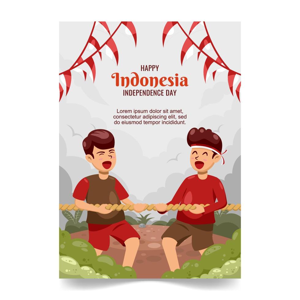 feliz cartel del día de la independencia de indonesia con concepto de tira y afloja vector