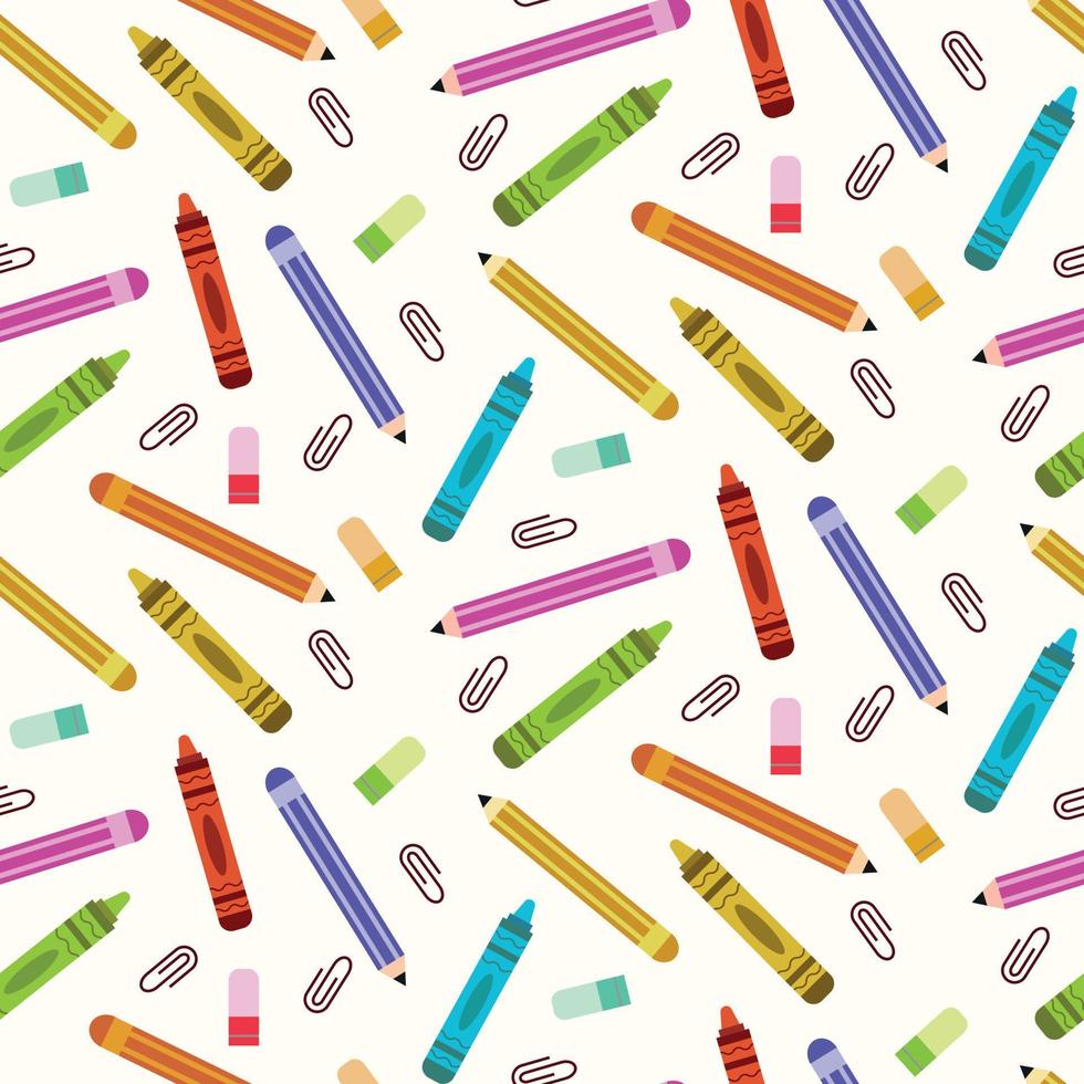 crayones de colores, lápices, clip de papel y patrón sin costuras de  borrador sobre fondo blanco. para carteles escolares, papel de regalo y  papelería 8017211 Vector en Vecteezy