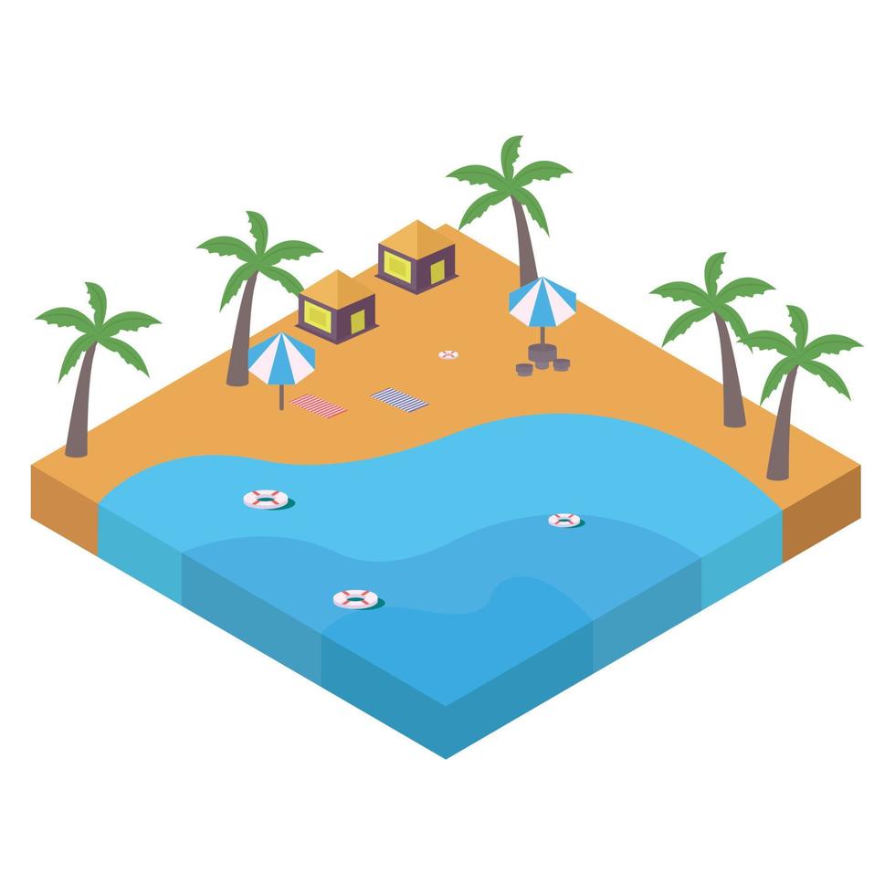 2.5D sandy beach vector design with the coconut tree and resort concept, Sandy beach vector with 2.5D shaped landscape, Beach with a coconut tree in summertime.