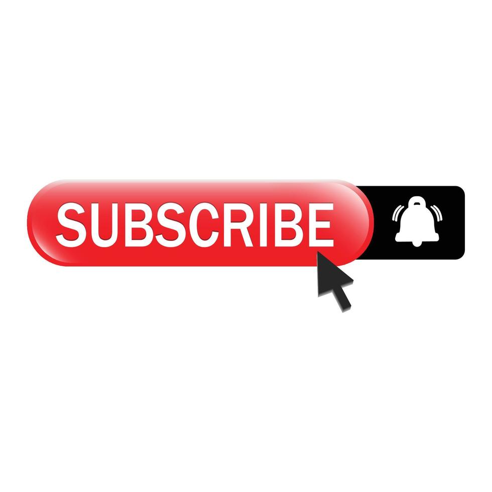 Red subscribe button with white bell icon inside black rectangle and text effect. Subscribe pictogram on a white background vector illustration for the Business concept.