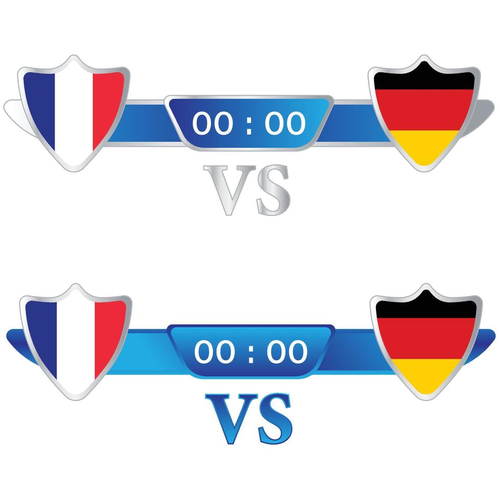 marcador de partido de fútbol con formas de escudo y plantilla de tercios inferiores de color azul para deportes como el fútbol y el fútbol. francia vs alemania ilustración vectorial marcador difundido plantilla de tercios inferiores. vector