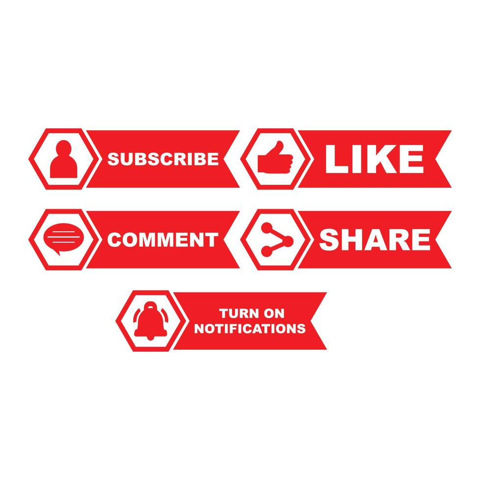 Subscriber button collection with multiple ribbon shapes. Red color button collection with like, comment and share icon. Simple red color social media button collection. vector