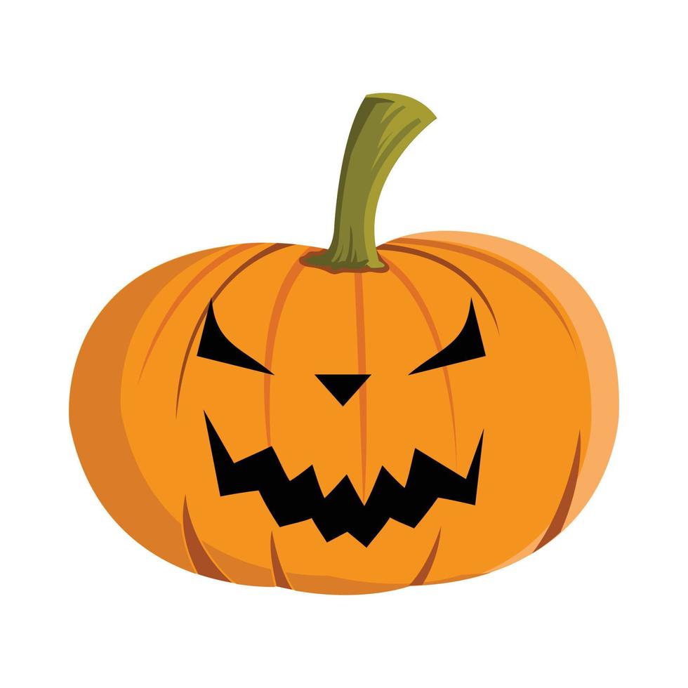 diseño de calabaza de halloween con una cara de diablo aterradora sobre un fondo blanco. ilustración de vector de calabaza para evento de halloween con color naranja y verde. diseño de disfraces de halloween.