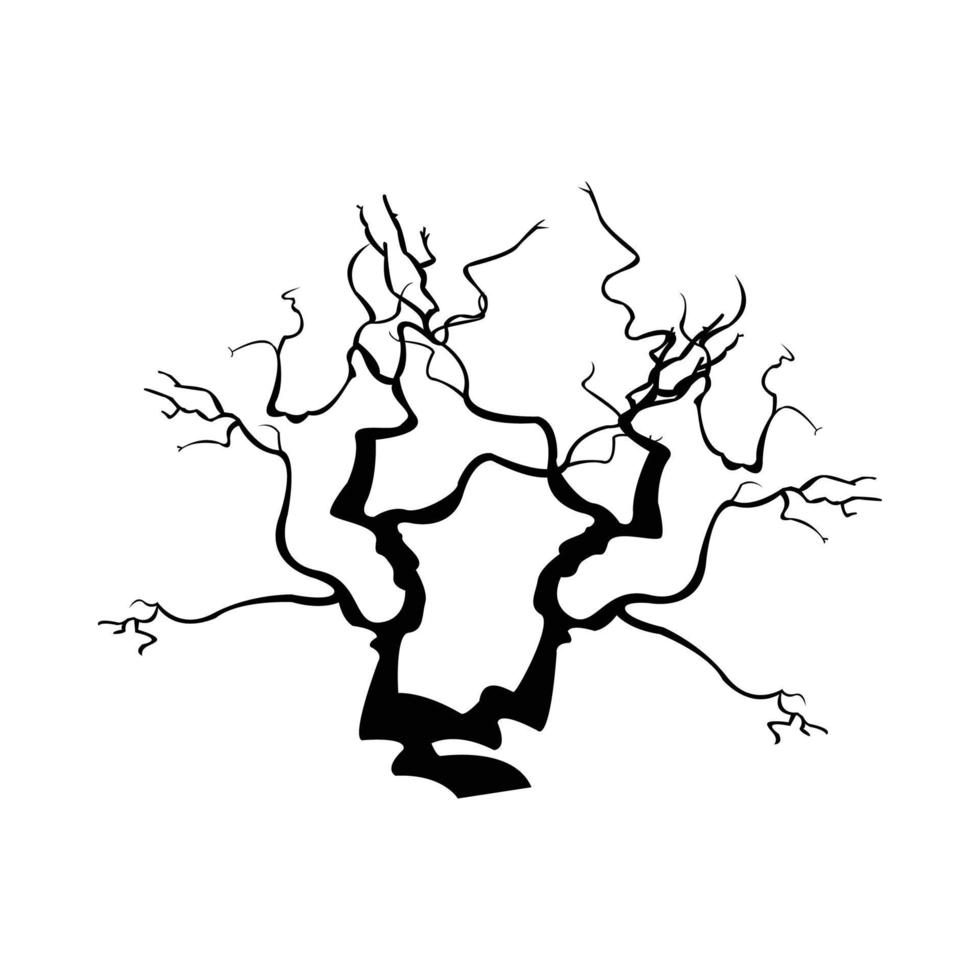 Halloween dead tree silhouette design with dark black color shade. Scary design for Halloween event with dry tree vector illustration. Scary haunted tree vector design on a white background.