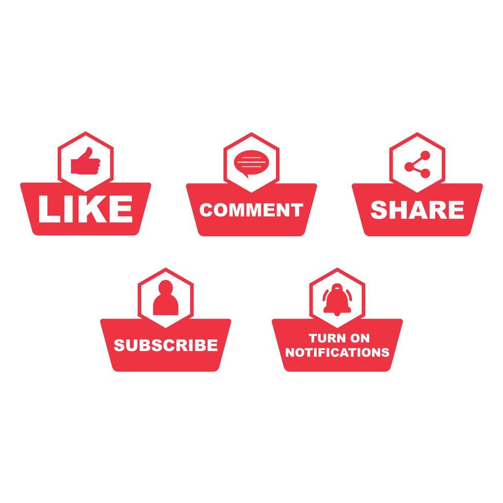 Subscribe button collection with the like, share, and comment section. Red color button collection for social media posts. Metallic red color design for social media. vector