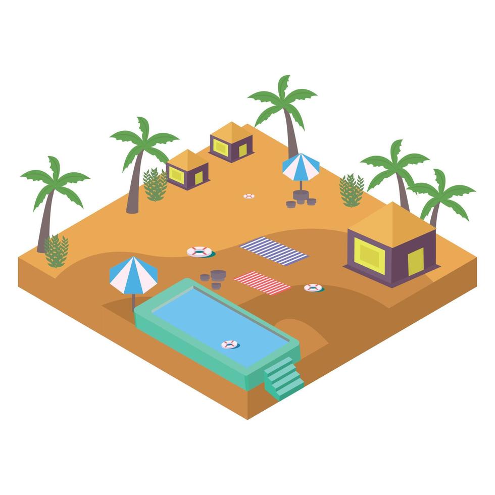 Diseño vectorial de piscina 2.5d con el concepto de resort, vector de piscina con forma de 2.5d, piscina con cocotero en verano.