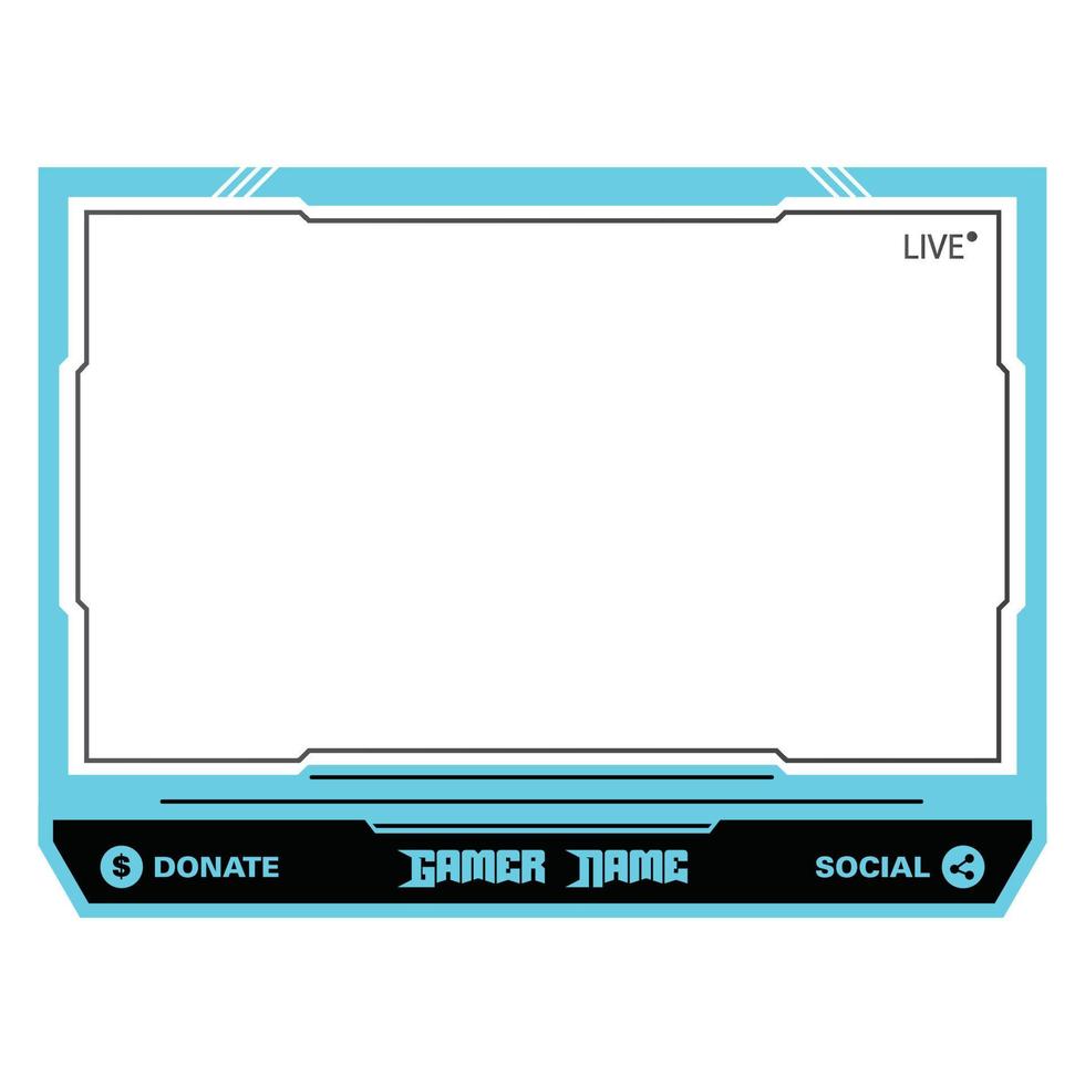 Live game streaming overlay with dark black and light blue color shade. Stylish live streaming overlay frame. Screen overlay for live streamers.  Dark black color overlay frame with donation buttons. vector