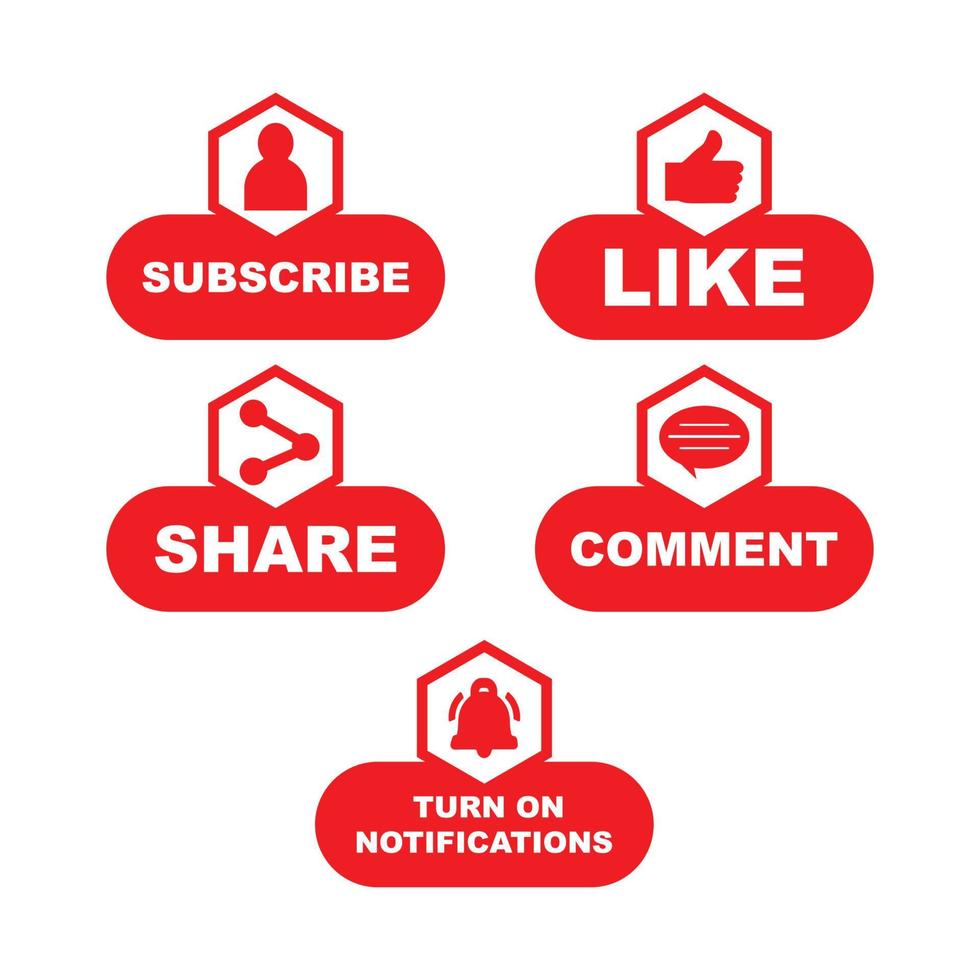 Subscribe button collection with multiple shapes for social media. Red color button collection with like, comment, and share icon. Metallic red color social media button collection. vector
