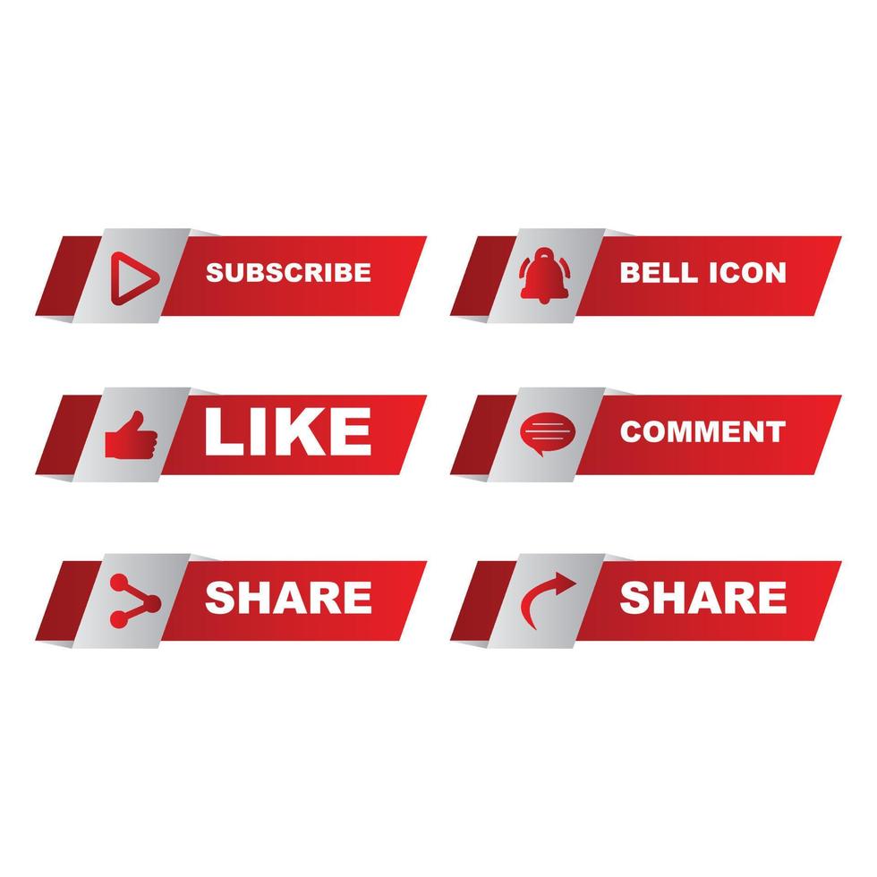 Subscribe button collection with multiple shapes. Red and white metallic color button collection with like, comment, and share icon. Metallic red and white color social media button collection. vector