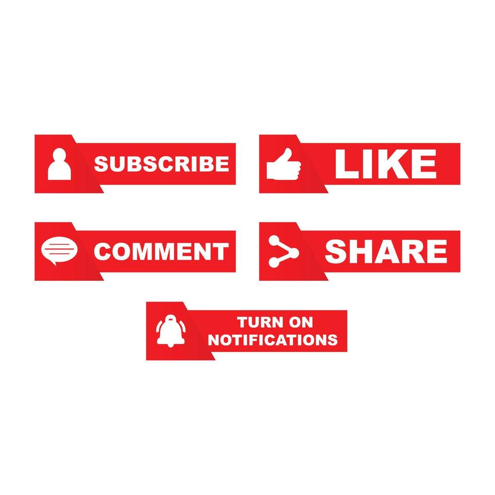 Subscribe button collection with multiple shapes design. Red color button collection with like, comment, and share icon. Metallic red color social media vector button collection.