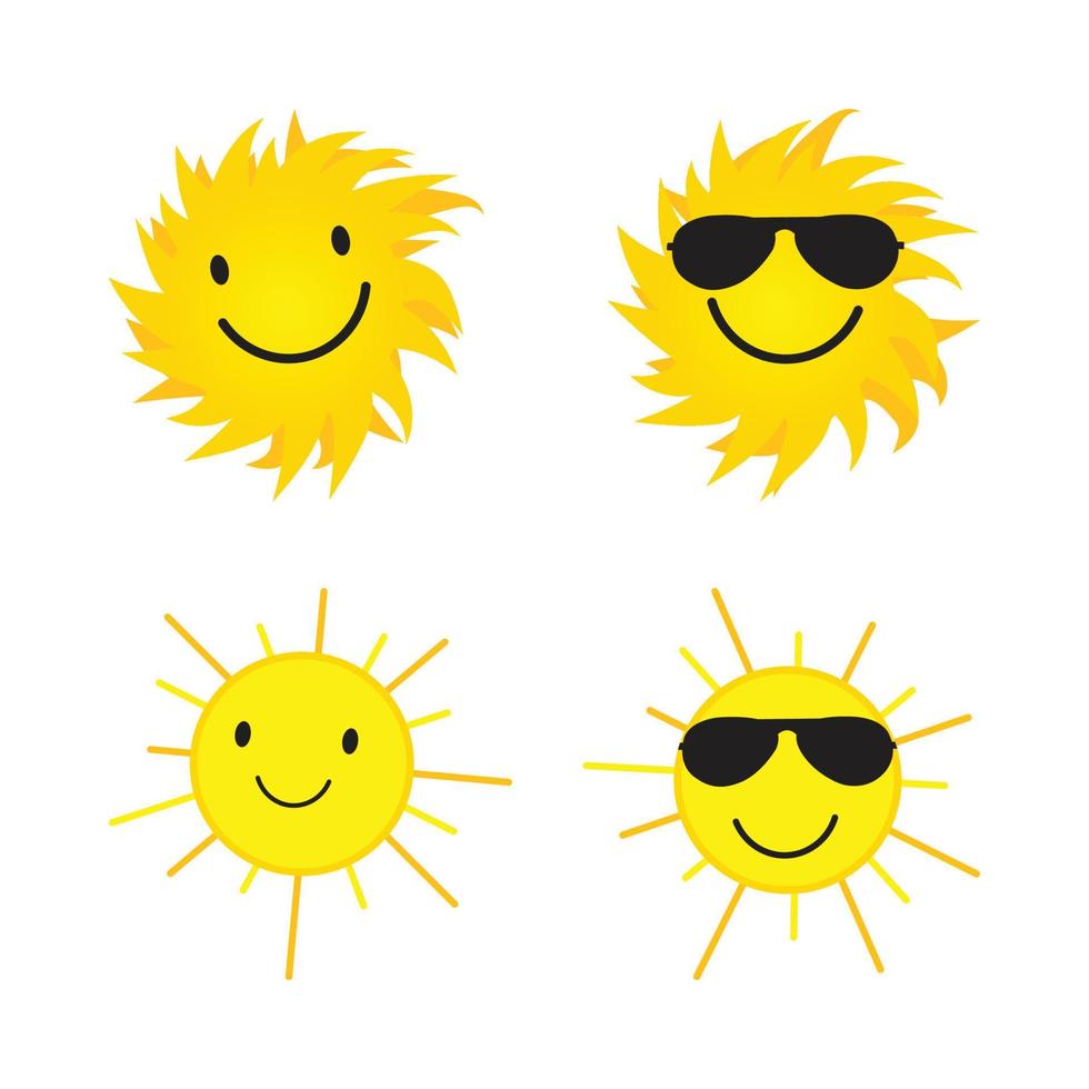 Sun sticker with a round shape and yellow color. Cute-faced sun with smiling face and cool sunglasses. Sunray coming out from sun vector design. Sun vector social media sticker collection.