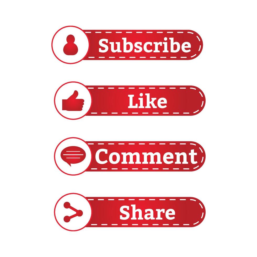 Subscriber 3D style button collection vector design. Red and white color subscriber button collection. Social media button elements with like, share, and comment sections.