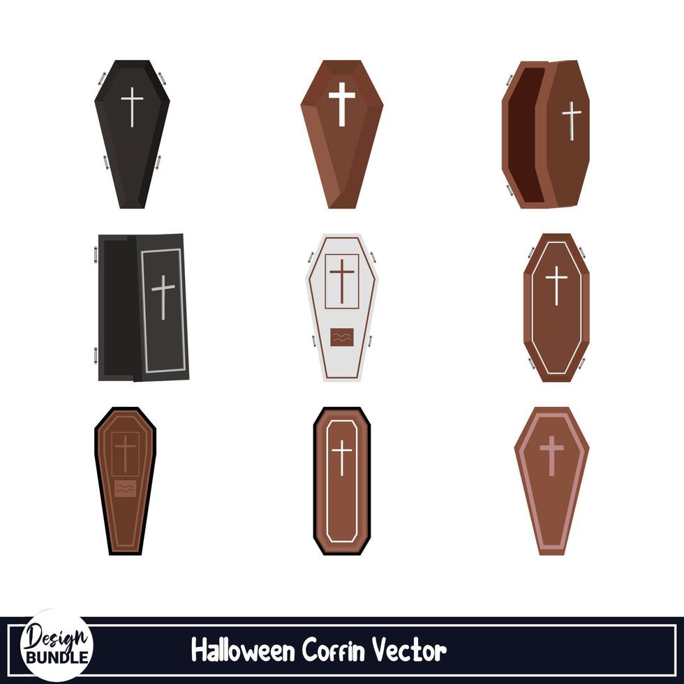 Halloween scary coffin vector design on a white background. Vampire coffin design with wood color and black shade. Halloween spooky vampire coffin design collection.