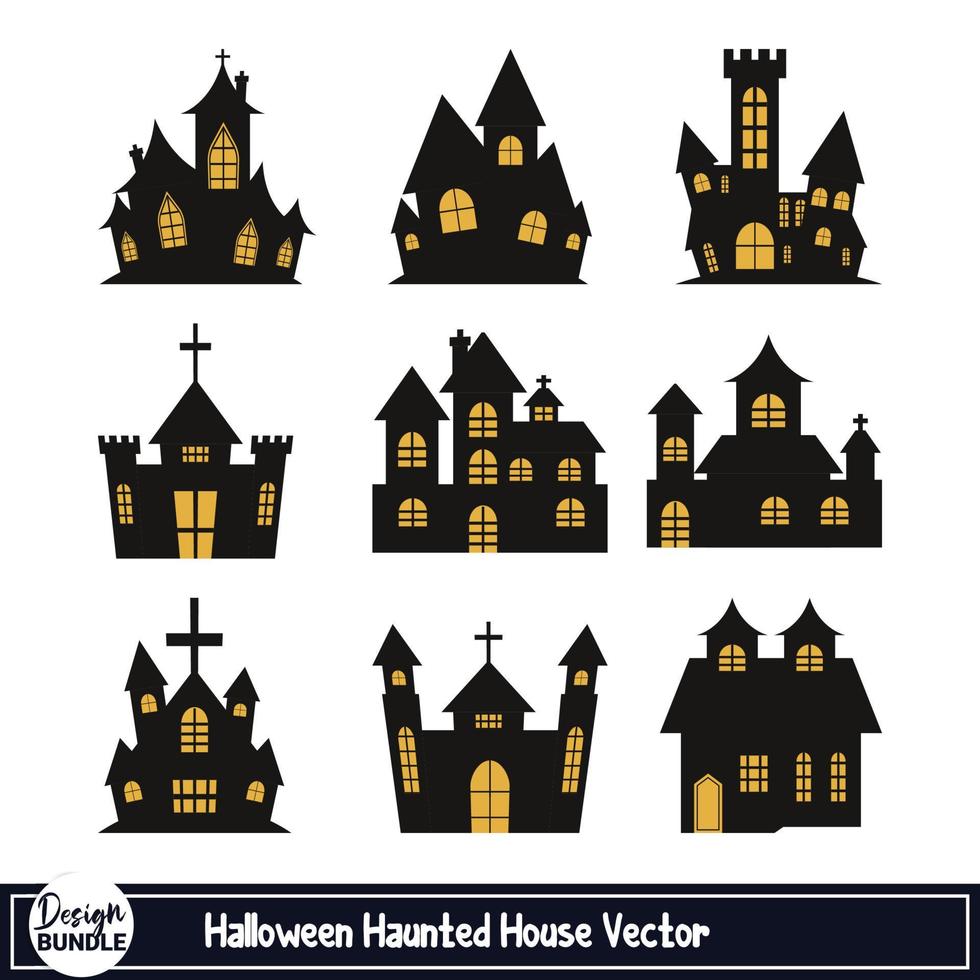 Halloween scary haunted house vector design on a white background. Haunted house design with black shade and yellow color. Halloween spooky house design collection.