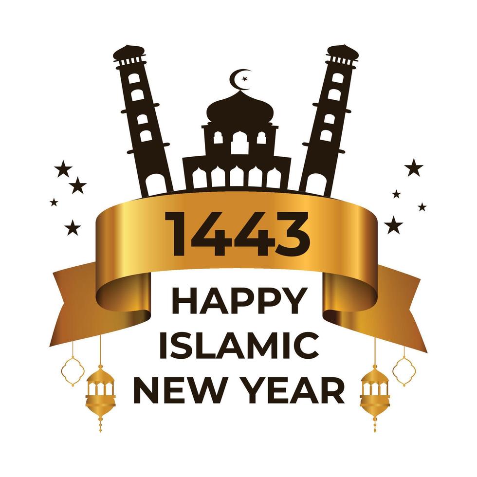 Happy Islamic new year celebration, Happy Muharram Islamic new year, vector graphic of the mosque and ribbon, commemorating happy Muharram day.